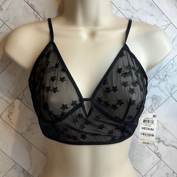 NWT INC International Concepts Womens Sheer Daisy Bralette, Deep Black M MEDIUM - Picture 2 of 8